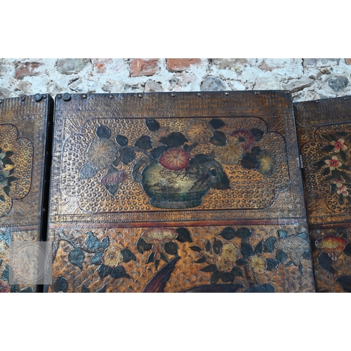 526 - A large antique continental floor standing six panel folding wood and leather screen, hand-painted p... 