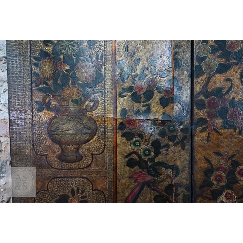 526 - A large antique continental floor standing six panel folding wood and leather screen, hand-painted p... 