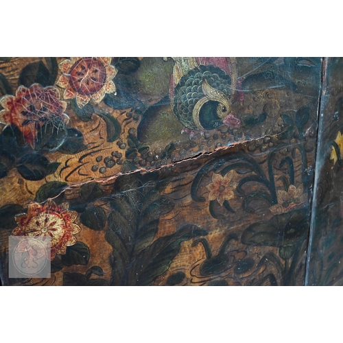 526 - A large antique continental floor standing six panel folding wood and leather screen, hand-painted p... 