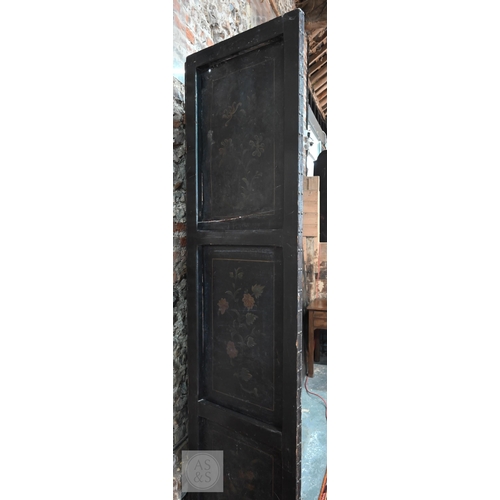 526 - A large antique continental floor standing six panel folding wood and leather screen, hand-painted p... 