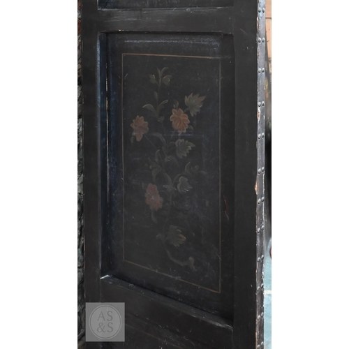 526 - A large antique continental floor standing six panel folding wood and leather screen, hand-painted p... 