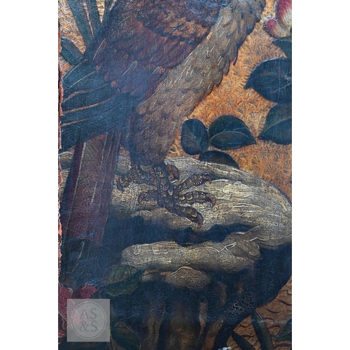 526 - A large antique continental floor standing six panel folding wood and leather screen, hand-painted p... 
