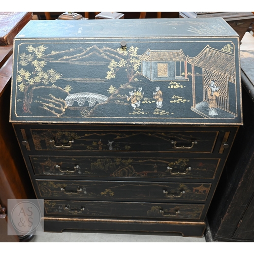 Oka - a japanned fall front bureau painted and gilded with figures and pagoda landscapes, 82 x 42 x 100 cm high