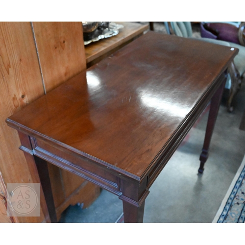 46 - A mahogany folding card table with green baize interior, on tapering square supports, 92 x 48 x 78 c... 