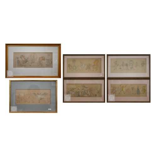 Rev George Liddell Johnston - Six various drawing and watercolour cartoons - The bat, Faded youth, Troubled Queen, Drinking joys, Philosopher and followers, and jesters, 16 x 42 cm (6)