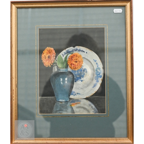 320 - F England - Still life study with blue and white plate and marigolds in a blue vase, watercolour, si... 