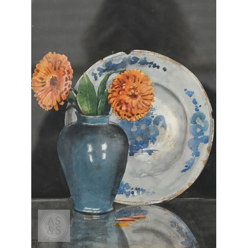 320 - F England - Still life study with blue and white plate and marigolds in a blue vase, watercolour, si... 