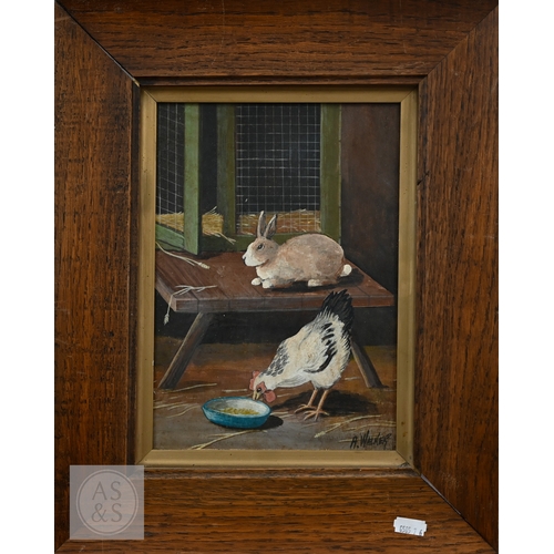 322 - 19th century English school - Sleeping cat, oil on canvas, 17 x 24 cm to/w A Walker - Chicken and ra... 