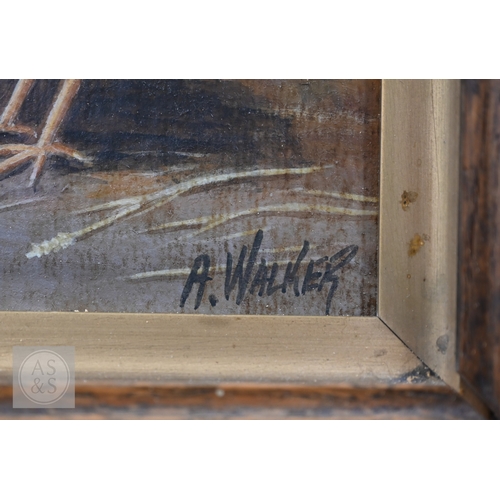 322 - 19th century English school - Sleeping cat, oil on canvas, 17 x 24 cm to/w A Walker - Chicken and ra... 