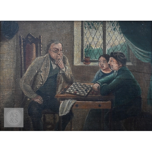 323 - Naive school - Playing draughts, oil on board, 21 x 28 cm; Men playing cards, oil on board, 25 x 32 ... 