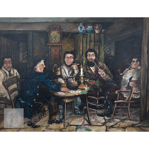 323 - Naive school - Playing draughts, oil on board, 21 x 28 cm; Men playing cards, oil on board, 25 x 32 ... 