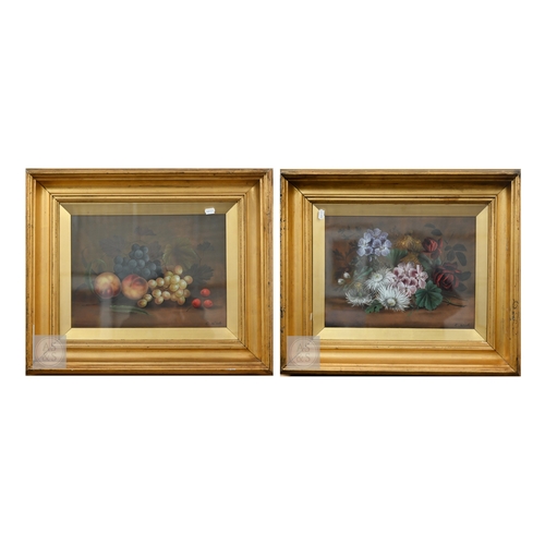 329 - E Steele - A pair of still life studies with fruit and flowers, oil on board, signed, 28 x 29 cm (2)