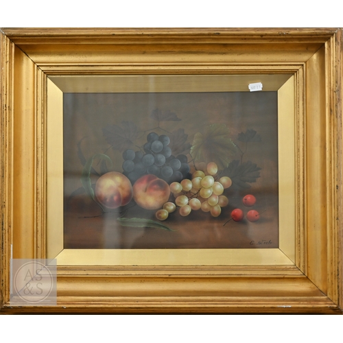 329 - E Steele - A pair of still life studies with fruit and flowers, oil on board, signed, 28 x 29 cm (2)