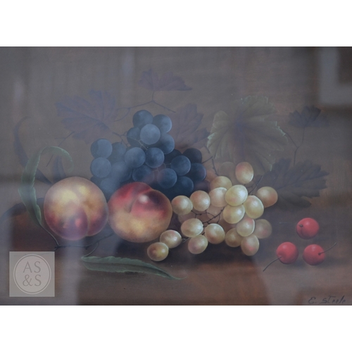 329 - E Steele - A pair of still life studies with fruit and flowers, oil on board, signed, 28 x 29 cm (2)