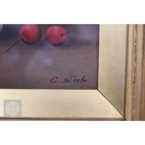329 - E Steele - A pair of still life studies with fruit and flowers, oil on board, signed, 28 x 29 cm (2)