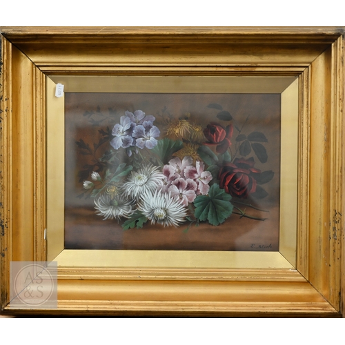 329 - E Steele - A pair of still life studies with fruit and flowers, oil on board, signed, 28 x 29 cm (2)