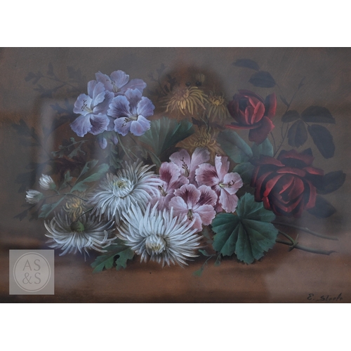 329 - E Steele - A pair of still life studies with fruit and flowers, oil on board, signed, 28 x 29 cm (2)