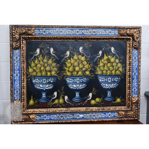 330 - A decorative trompe l'oeil oil on canvas depicting three abundant vases of pearls with birds and fol...