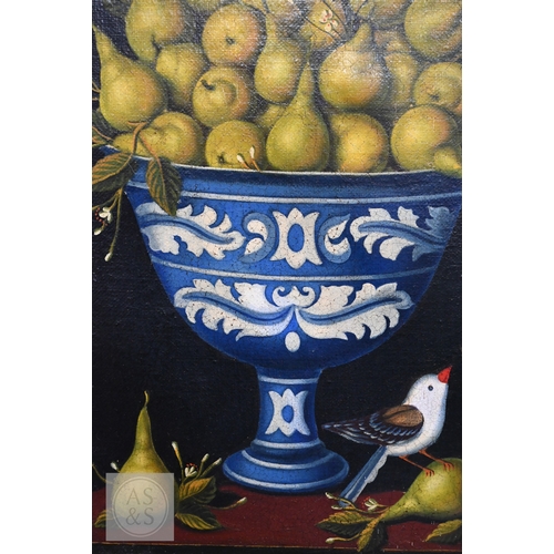 330 - A decorative trompe l'oeil oil on canvas depicting three abundant vases of pearls with birds and fol... 