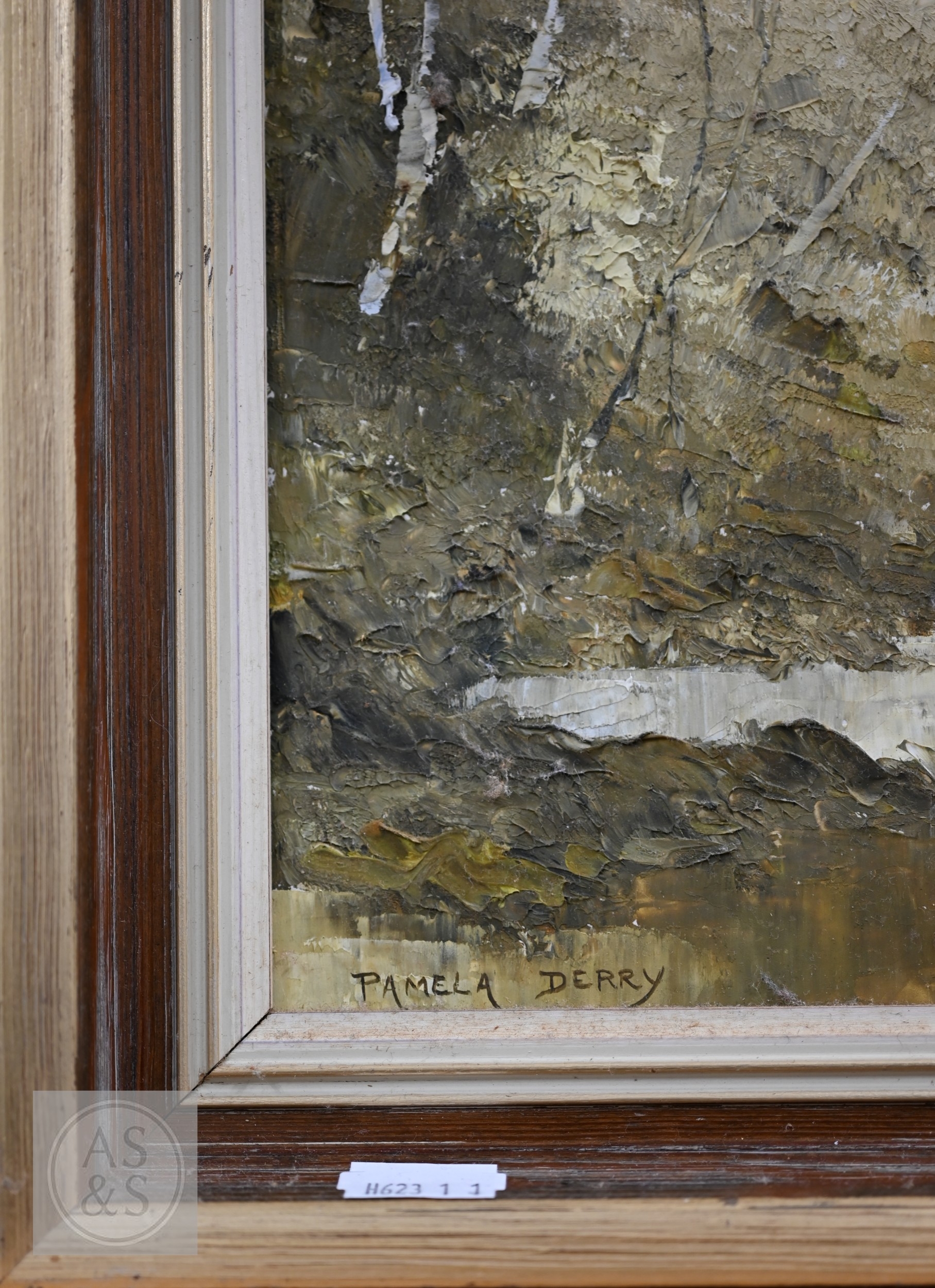 Pamela Derry - A woodland pond, oil on board, signed, 49 x 39 cm