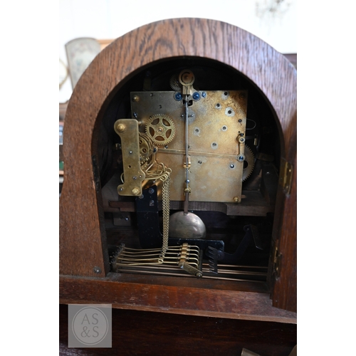 53 - A 1920s HAC tambour oak cased three-train mantel clock, 28 cm high to/w a late 19th century french s... 