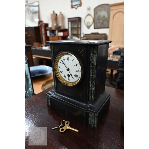 53 - A 1920s HAC tambour oak cased three-train mantel clock, 28 cm high to/w a late 19th century french s... 