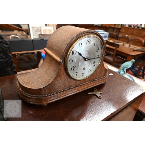 53 - A 1920s HAC tambour oak cased three-train mantel clock, 28 cm high to/w a late 19th century french s... 
