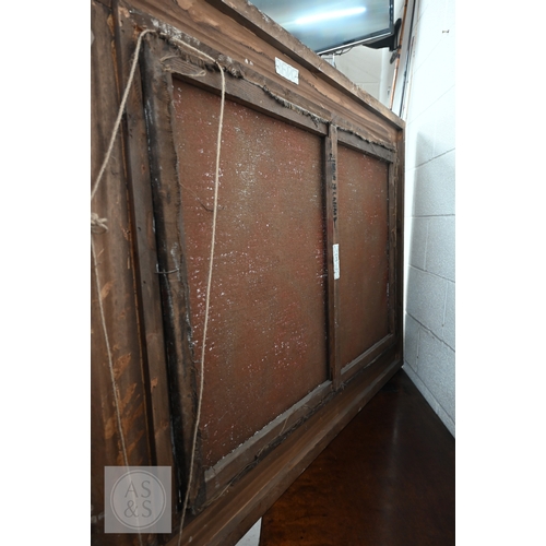 330 - A decorative trompe l'oeil oil on canvas depicting three abundant vases of pearls with birds and fol... 