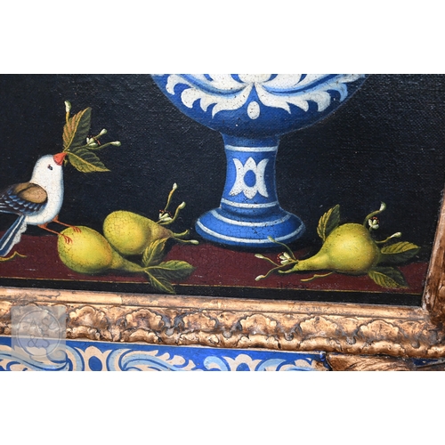 330 - A decorative trompe l'oeil oil on canvas depicting three abundant vases of pearls with birds and fol... 