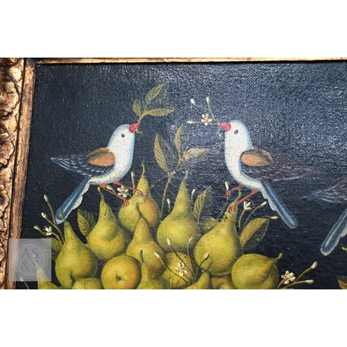 330 - A decorative trompe l'oeil oil on canvas depicting three abundant vases of pearls with birds and fol... 