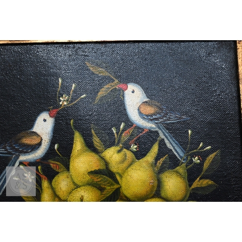 330 - A decorative trompe l'oeil oil on canvas depicting three abundant vases of pearls with birds and fol... 
