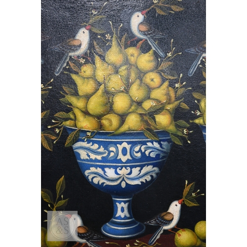 330 - A decorative trompe l'oeil oil on canvas depicting three abundant vases of pearls with birds and fol... 