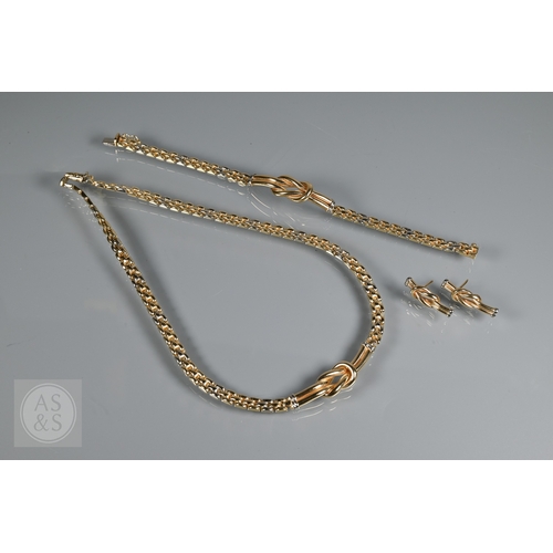 351 - A Continental brick link necklace, bracelet and earring set, with central knot design, yellow and wh... 