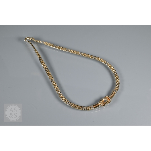 351 - A Continental brick link necklace, bracelet and earring set, with central knot design, yellow and wh... 