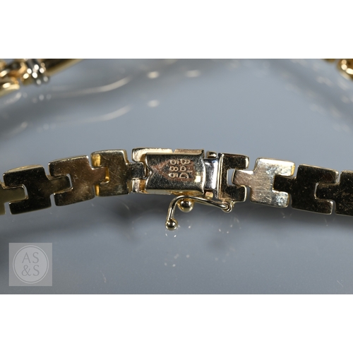 351 - A Continental brick link necklace, bracelet and earring set, with central knot design, yellow and wh... 