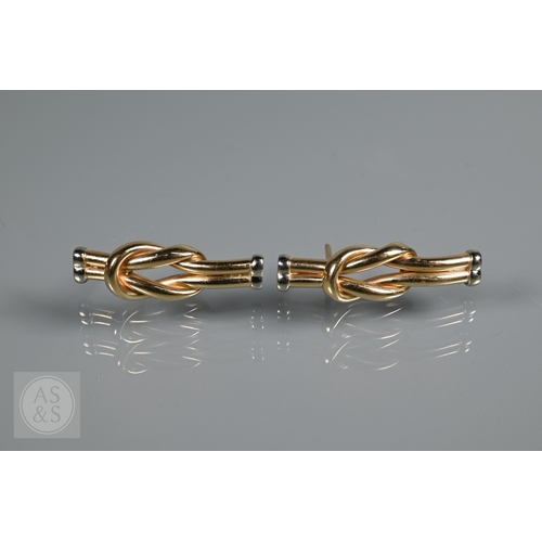 351 - A Continental brick link necklace, bracelet and earring set, with central knot design, yellow and wh... 