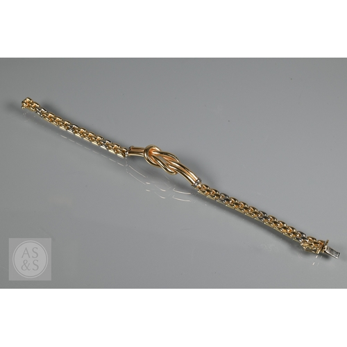 351 - A Continental brick link necklace, bracelet and earring set, with central knot design, yellow and wh... 