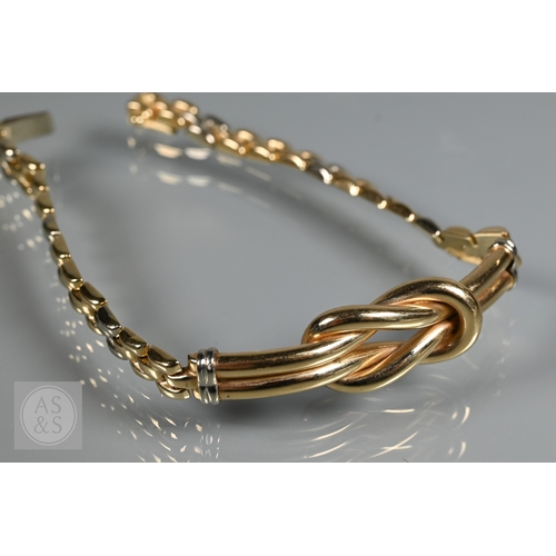 351 - A Continental brick link necklace, bracelet and earring set, with central knot design, yellow and wh... 