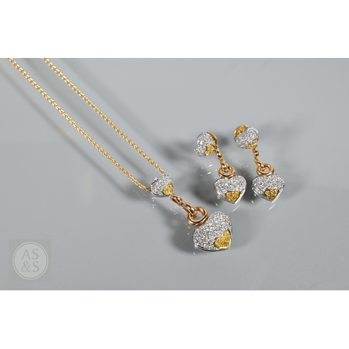 388 - A diamond pendant on chain and earring suite, the double heart drop pendant pavé set with round bril... 
