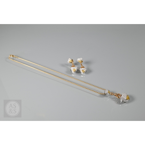 388 - A diamond pendant on chain and earring suite, the double heart drop pendant pavé set with round bril... 