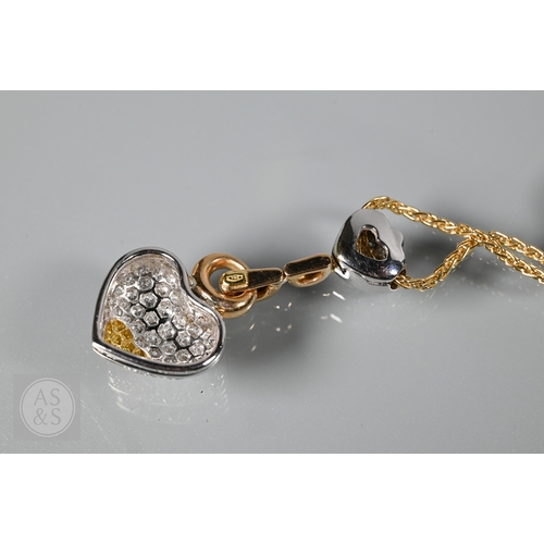 388 - A diamond pendant on chain and earring suite, the double heart drop pendant pavé set with round bril... 
