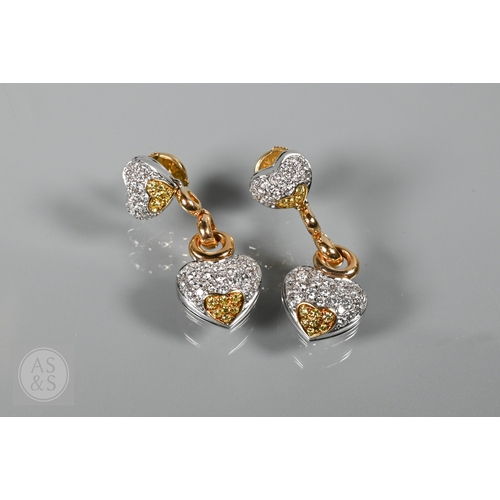 388 - A diamond pendant on chain and earring suite, the double heart drop pendant pavé set with round bril... 