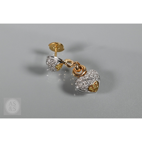 388 - A diamond pendant on chain and earring suite, the double heart drop pendant pavé set with round bril... 