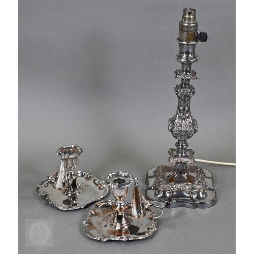 4 - A large plated on copper candlestick table lamp, 39cm high, to/w a pair of Old Sheffield Plate chamb... 