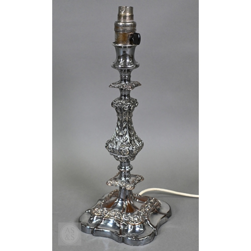 4 - A large plated on copper candlestick table lamp, 39cm high, to/w a pair of Old Sheffield Plate chamb... 