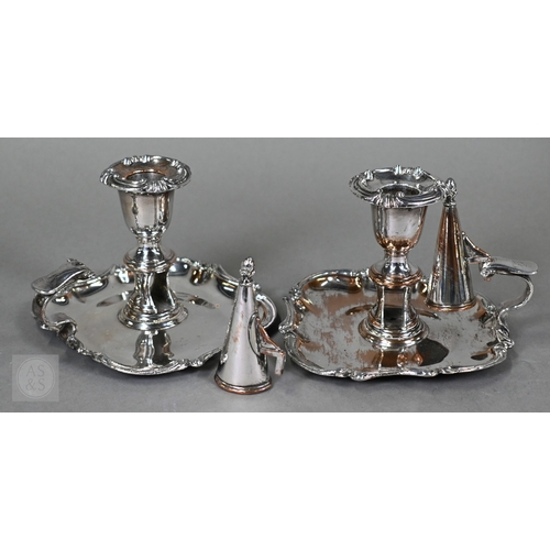 4 - A large plated on copper candlestick table lamp, 39cm high, to/w a pair of Old Sheffield Plate chamb... 