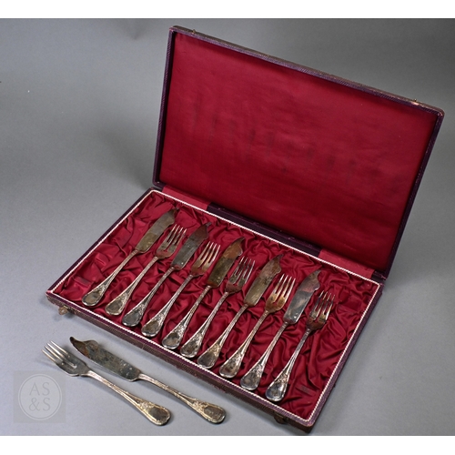 43 - An antique cased set of six each Austro-Hungarian .800 grade fish knives and forks, 23oz little used... 