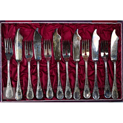 43 - An antique cased set of six each Austro-Hungarian .800 grade fish knives and forks, 23oz little used... 