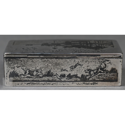 49 - An antique Egyptian unmarked (and untested) white metal snuff box with niello decoration of Nile vie... 