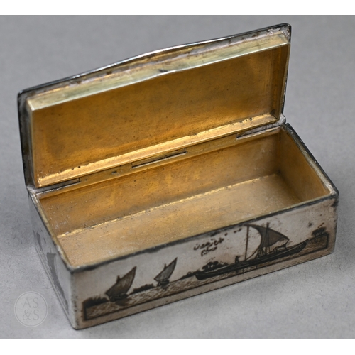 49 - An antique Egyptian unmarked (and untested) white metal snuff box with niello decoration of Nile vie... 